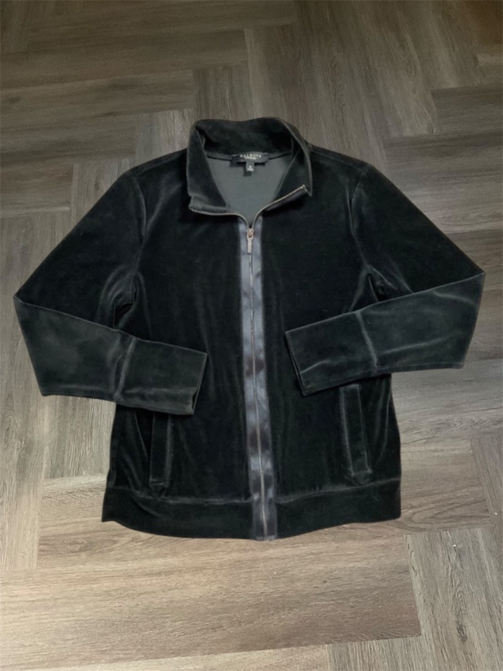 Talbots Velour Zip Up Jacket Womens Medium Black Satin Trim Track Athleisure